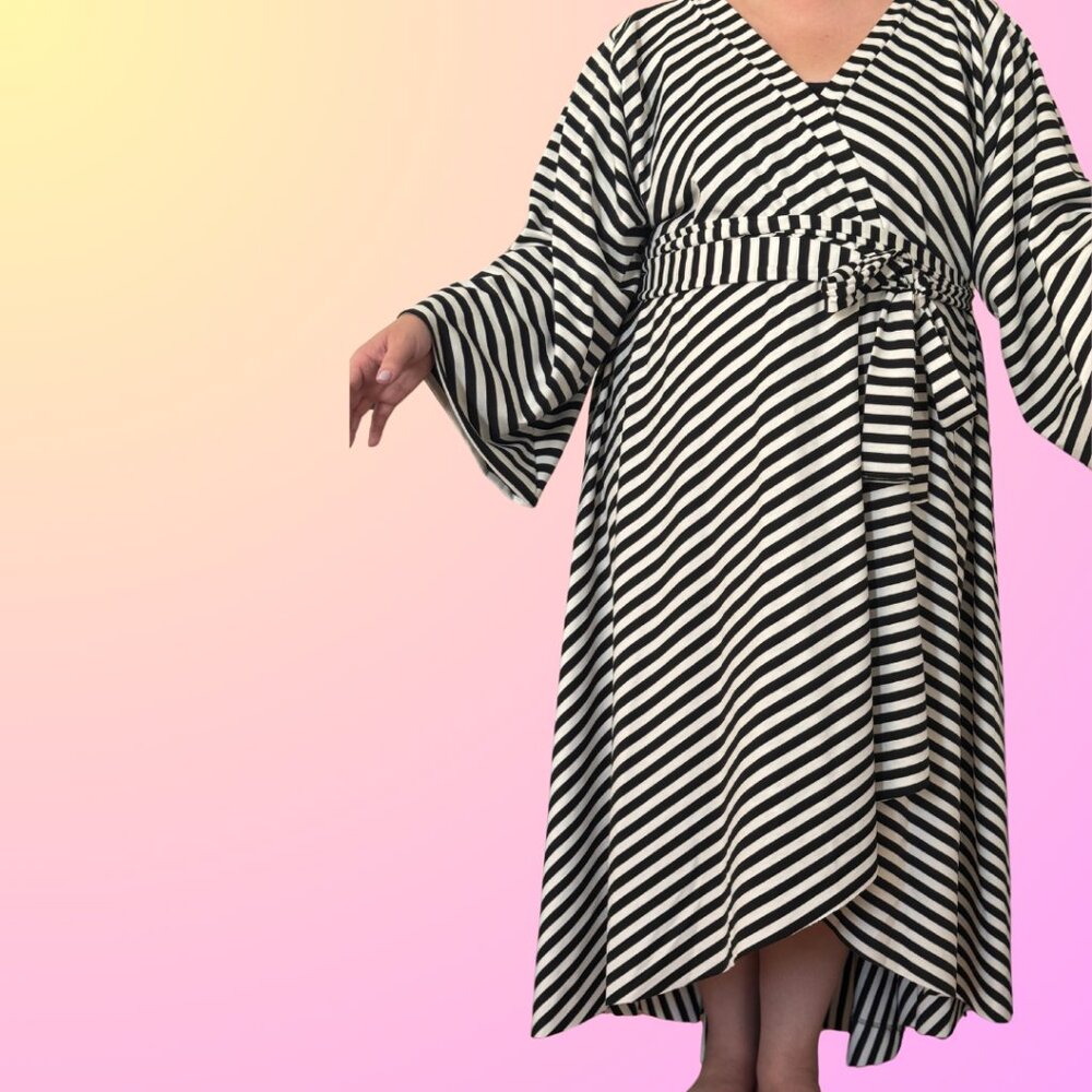 Whitney Mero Ovo Onion Black and White Striped Duster with wrap belt